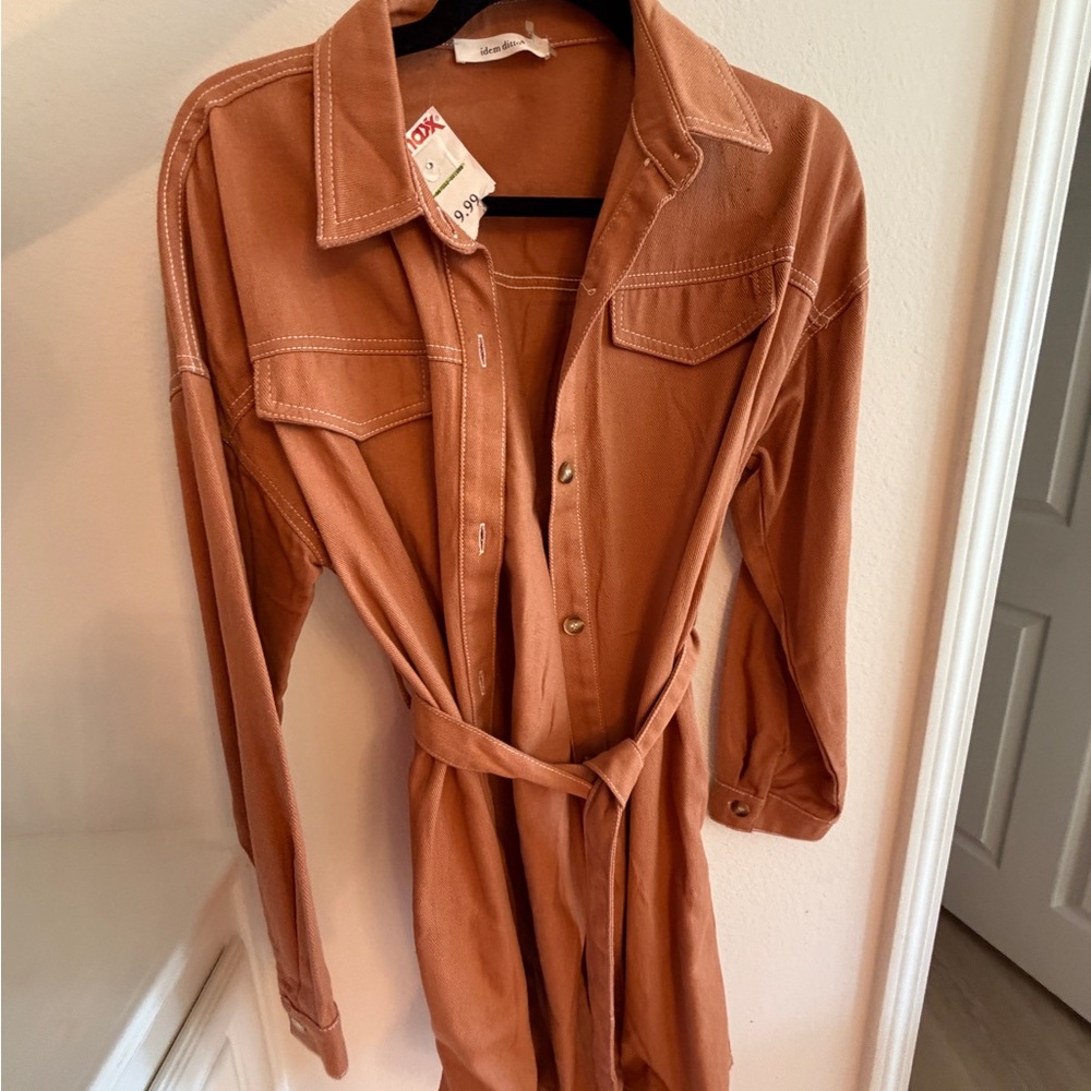Long Belted Shirt Jacket in Rust Brown - Unknown Brand